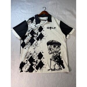 Mens Golf Skeleton Graphic Polo Shirt Black White Argyle XL Swing Swear Repeat
